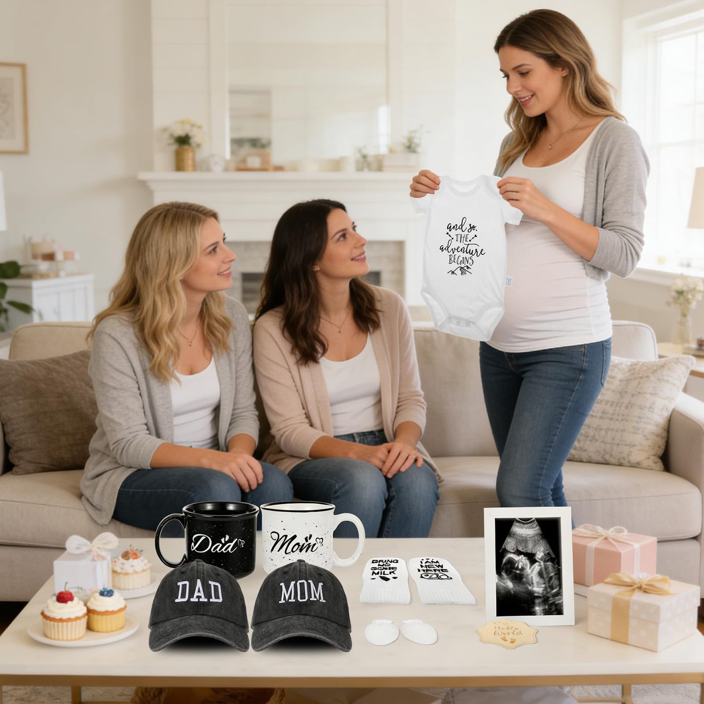 12 Pcs New Mom Gifts, New Parents Gifts for Couples, Gender Reveal, Expecting Parents to Be Baby Shower, Bear Mug, Decision Coin, Baby Socks, Bodysuit Set