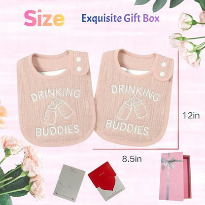 Twin Bibs – Ultra-Soft Cotton Yarn Twin Baby Bibs - 'Drinking Buddies' Design, High Absorbency, Perfect Infant Gift