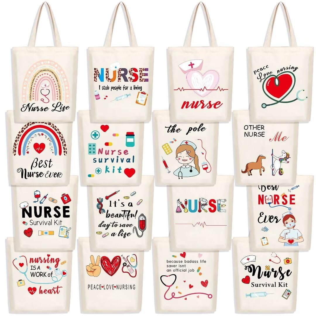Kolewo4ever 16 Pieces Nurse Appreciation Gifts Nurses Week Gifts Tote Bags Nurse Graduation Retirement Canvas Tote Bags Shopping Bag Shoulder Bag Gift for Women Nurses Supplies