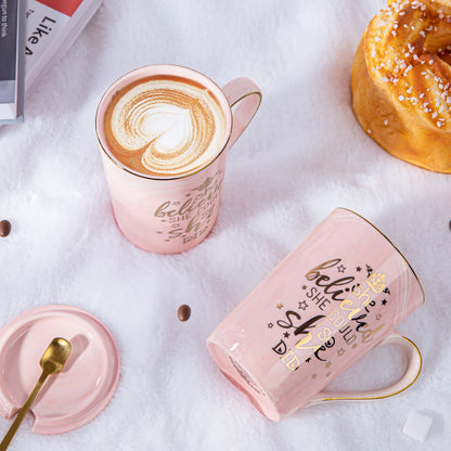 Graduation Gifts for Her 2026 - She Believed She Could So She Did Mug - Valentines Spiritual Motivational Congratulations Gifts for Women, 14oz Pink Ceramic Marble Gold Print Coffee Cup, Nicely Boxed
