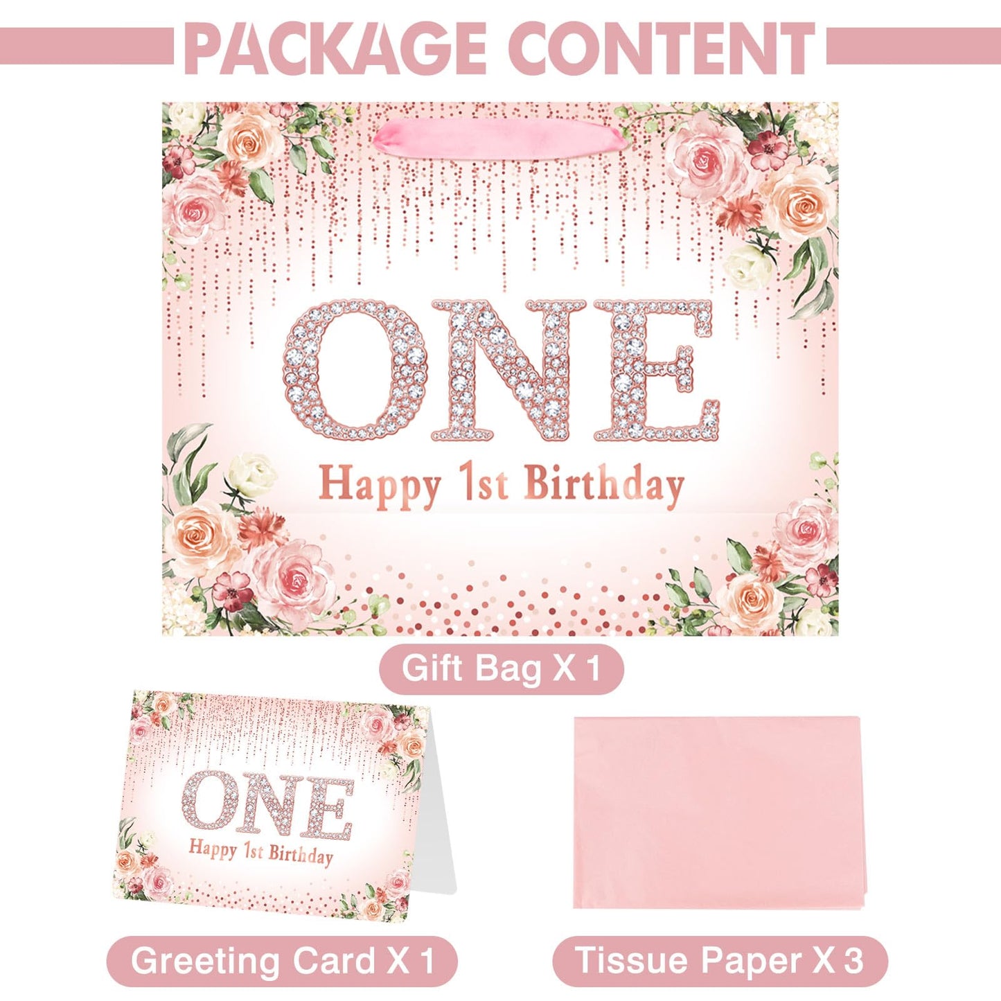 Laidans Rose Gold One Year Old Happy Birthday Gift Bag with Tissue Paper and Card for Bday Party Supplies (Rose Gold) (1st)