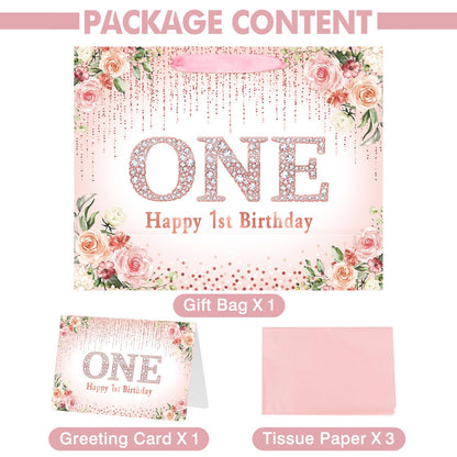 Laidans Rose Gold One Year Old Happy Birthday Gift Bag with Tissue Paper and Card for Bday Party Supplies (Rose Gold) (1st)
