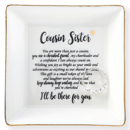 HOME SMILE Cousin Sister Gifts Mother's Day,Ceramic Ring Jewelry Dish Tray Plate for Birthday Graduation Christmas Wedding-You are More Than Just a Cousin,You Are a Chrished Friend