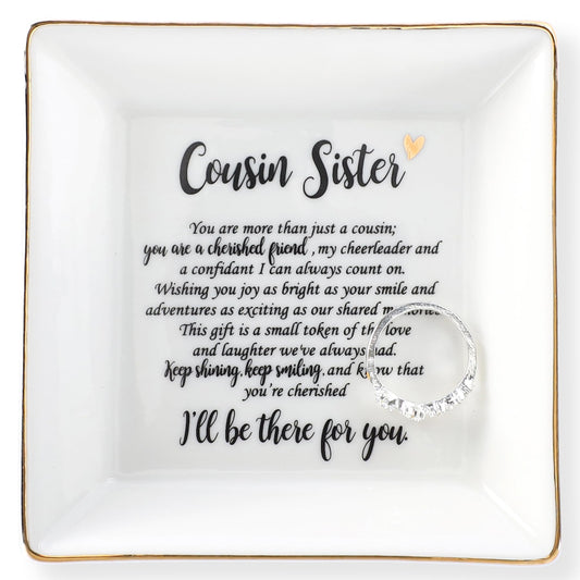 HOME SMILE Cousin Sister Gifts Mother's Day,Ceramic Ring Jewelry Dish Tray Plate for Birthday Graduation Christmas Wedding-You are More Than Just a Cousin,You Are a Chrished Friend