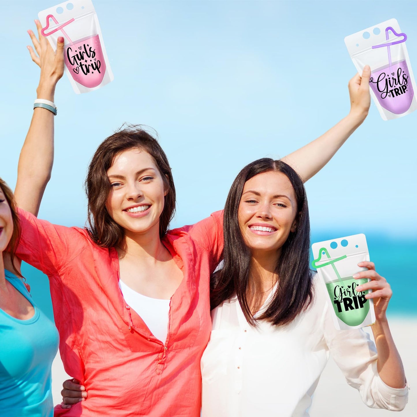 Seematn 24 Sets Girls Trip Drink Pouch Bags with Straws, Girls Weekend Getaway Drink Holders Reusable Travel Juice Bag for Sister Auntie Friends Besties Vacation