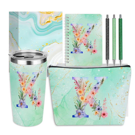 Personalized Gifts Monogrammed Birthday Gifts for Women, Soul Sister Bachelorette Party Wedding Christmas Initial 20 oz Tumbler, Makeup Bag Cup Pens Journal Notebook 6 Set, (Aesthetic Green Flower K)