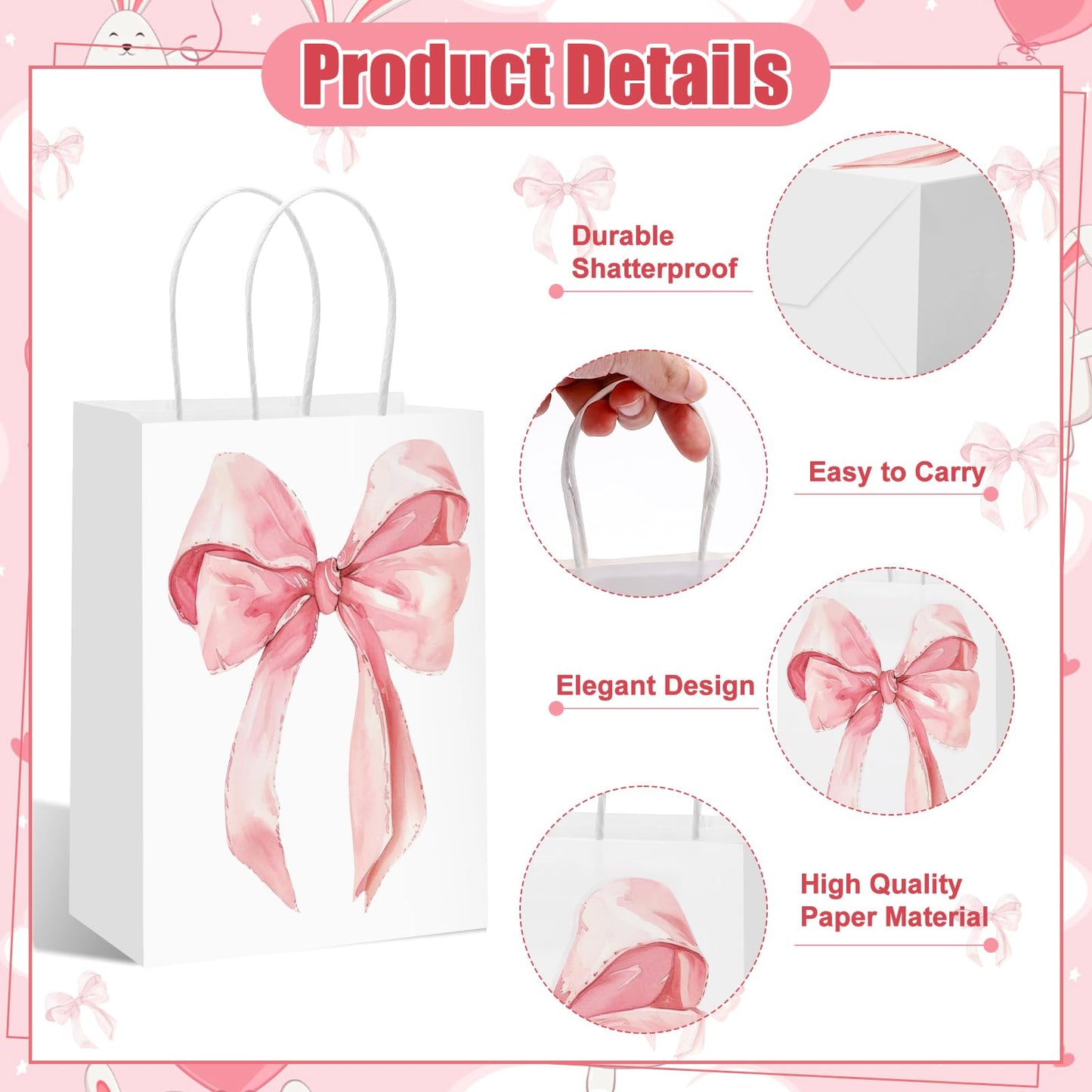 Draupnir 12PCS Coquette Pink Bow Paper Gift Bags, Party Favor Bags, Pink Goodie Bags for Birthday&Bachelorette Party Decoration Coquette Bow Gift Pouches with Handles 8.3x5.9x3.1 Inch