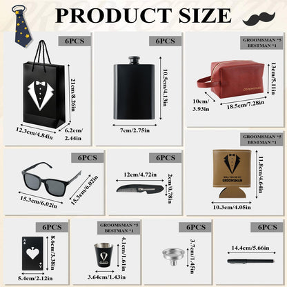 60 Pcs Groomsmen Proposal Gifts Set of 6 – Gift Bags with Shot Glasses Sunglasses PU Leather Toiletry Bag Bottle Opener Combs Coasters for Wedding Groomsman Best Man Bachelor Party