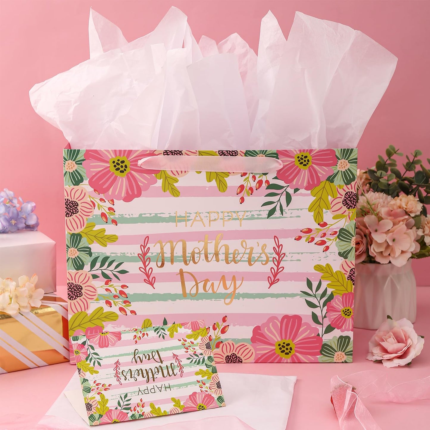 CAMKUZON Large Mother's Day Gift Bag with Card and Tissue Paper for Mom Grandma Nana Sisters - Gold Foil Happy Mother's Day & Pink Floral Design, 13" X 10" X 5"