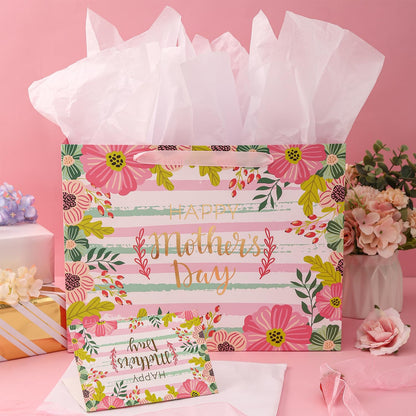 CAMKUZON Large Mother's Day Gift Bag with Card and Tissue Paper for Mom Grandma Nana Sisters - Gold Foil Happy Mother's Day & Pink Floral Design, 13" X 10" X 5"