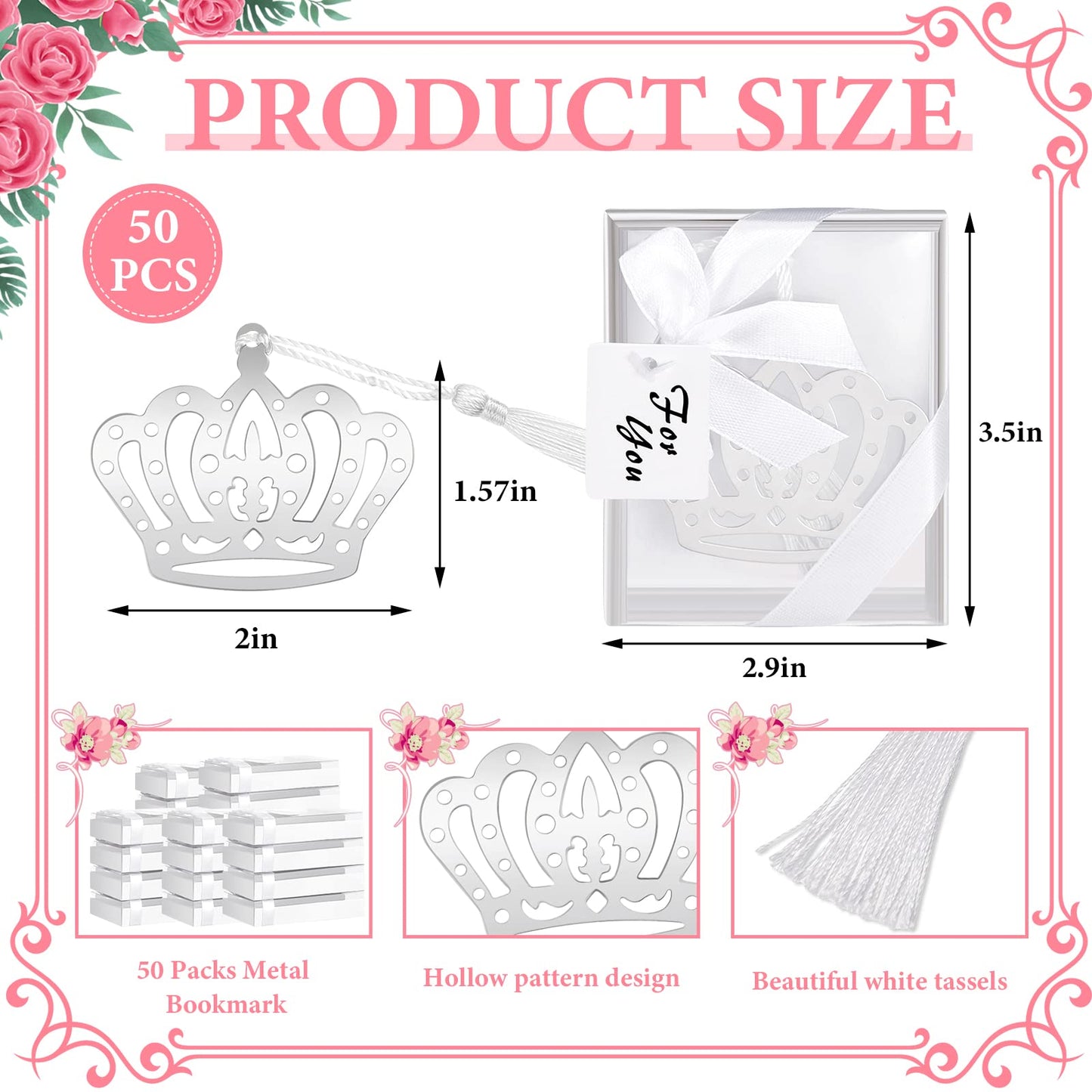 50 Pcs Crown Design Bookmark for Girls Quinceanera Gift - Princess Metal Book Lover Silver Favors With Gift Boxes for Fifteen Birthday, Wedding, Bridal Shower Women
