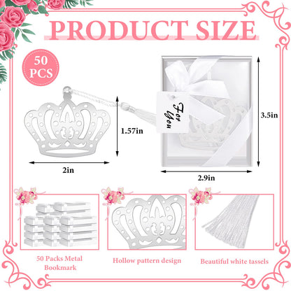 50 Pcs Crown Design Bookmark for Girls Quinceanera Gift - Princess Metal Book Lover Silver Favors With Gift Boxes for Fifteen Birthday, Wedding, Bridal Shower Women