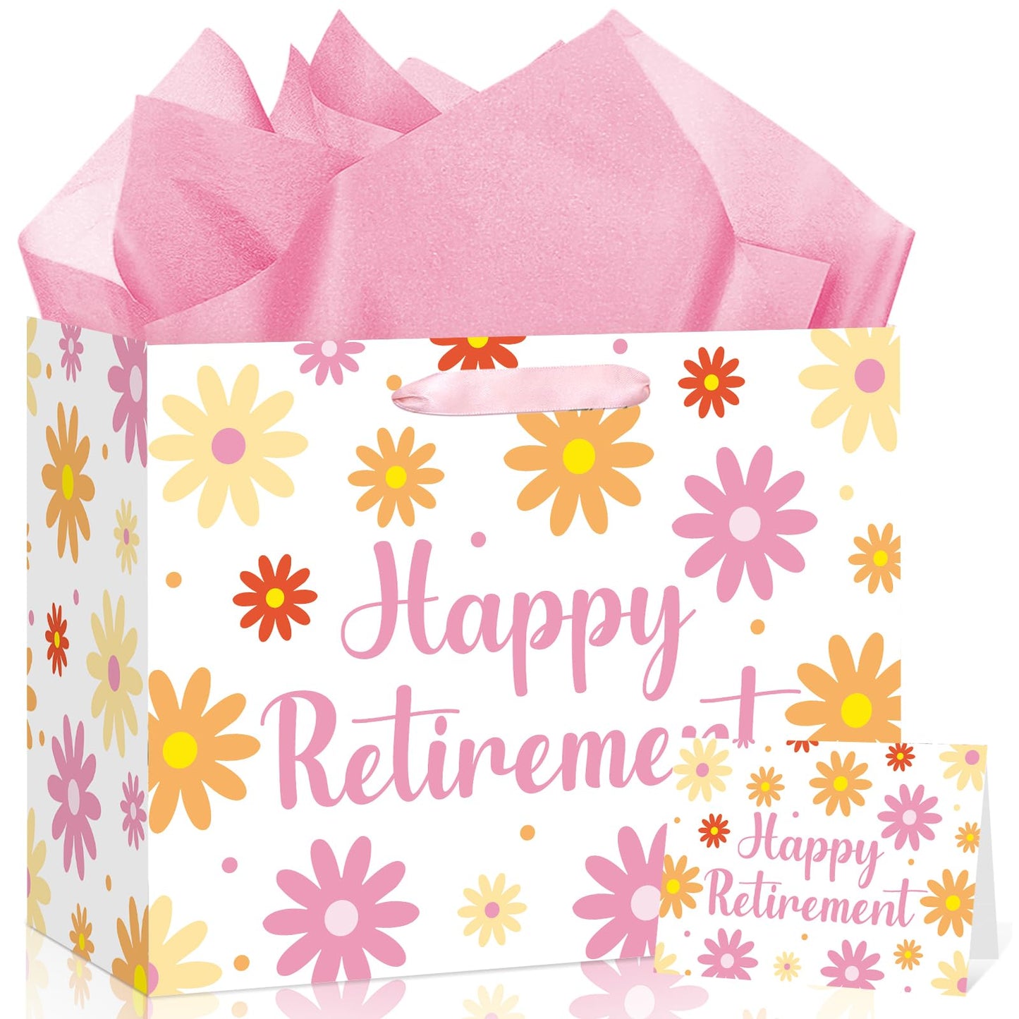 MOORIIY Happy Retirement Gift Bag for Women, Boho Daisy Retirement Wrapping Paper Bag with Tissue Paper and Card Floral Retired Gifts for Women Farewell Going Away Party Decorations Supplies