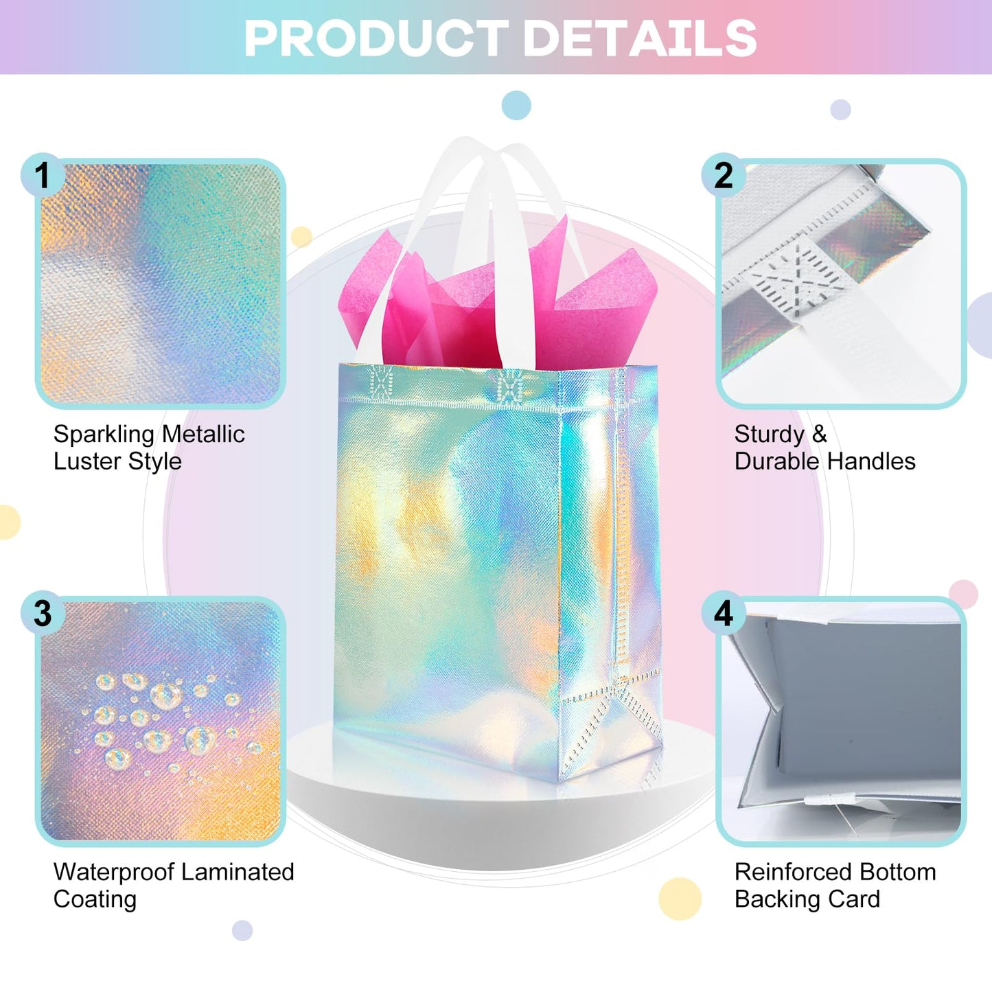 Addblu 12 Pack Reusable Gift Bags with Handles & 24 Tissue Papers, 10x4x8 Inch Iridescent Gift Bags with Cardboard Bases for Shopping, Parties, Birthdays, Weddings, Holiday, Father's Day (Holographic Gift Bag-White Papers)