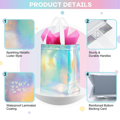 Addblu 12 Pack Reusable Gift Bags with Handles & 24 Tissue Papers, 10x4x8 Inch Iridescent Gift Bags with Cardboard Bases for Shopping, Parties, Birthdays, Weddings, Holiday, Father's Day (Holographic Gift Bag-White Papers)