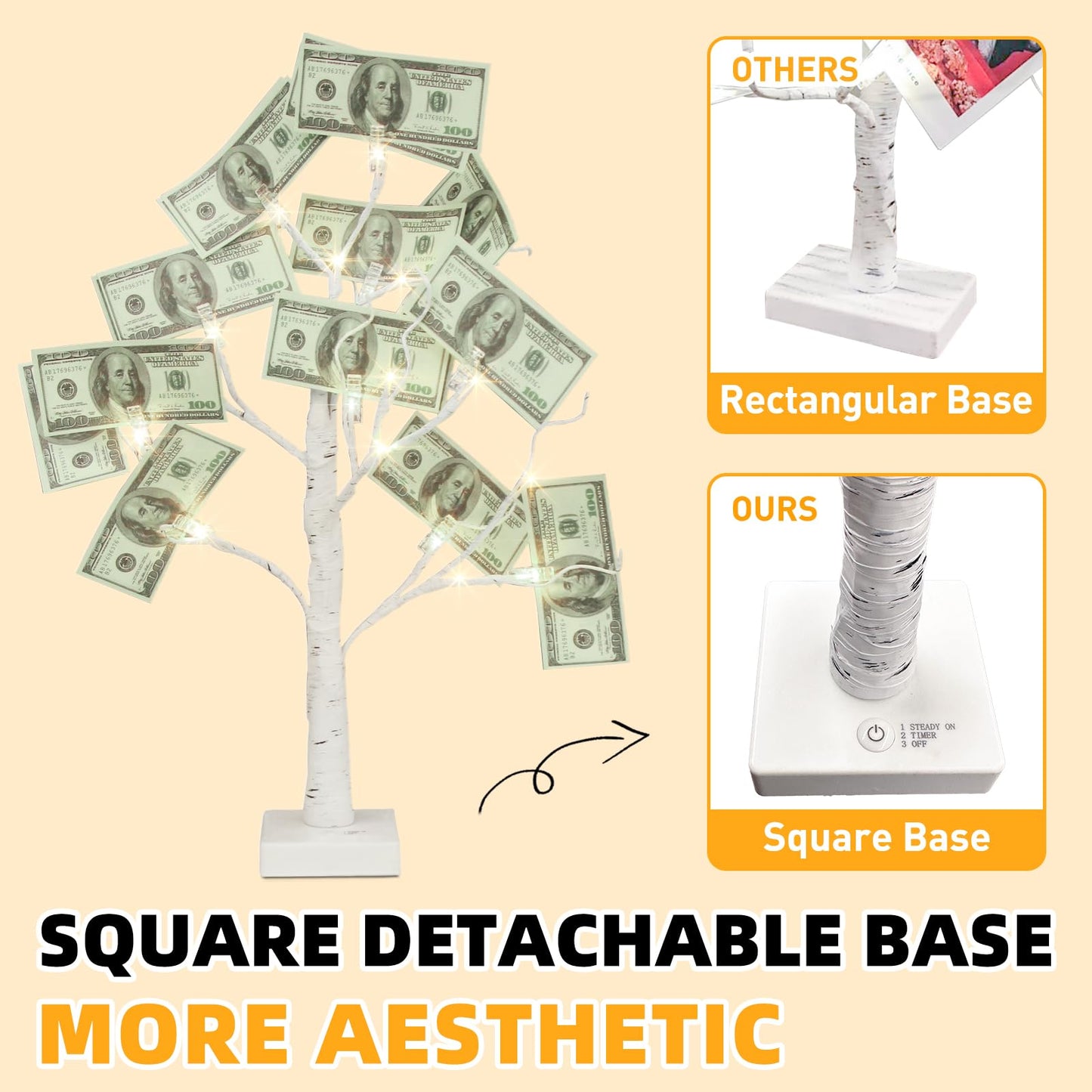 PABIPABI Money Tree Gift Holder, 24 LED Lighted Birch Tree with 12 Clear Clips, Battery/USB Powered Timer Display Tree for Christmas, Memo, Present Card, Photo, Wedding, Birthday Graduation