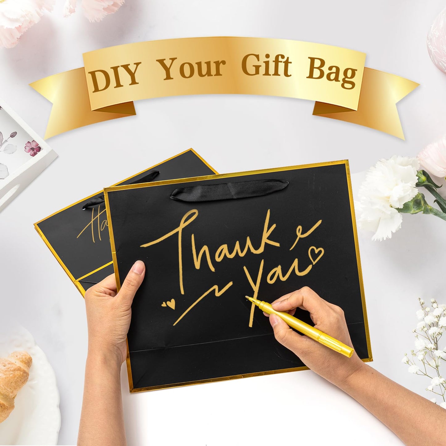 Epoesch 12 Pack Black Gift Bags with Handles – Includes 24 Tissue Paper – 11.8"x10"x4" – Elegant 5 Senses Gift Bags for Wedding, Bridesmaids, Groomsmen, Guests, Easter, Father's Day, Holidays (Black Gold)