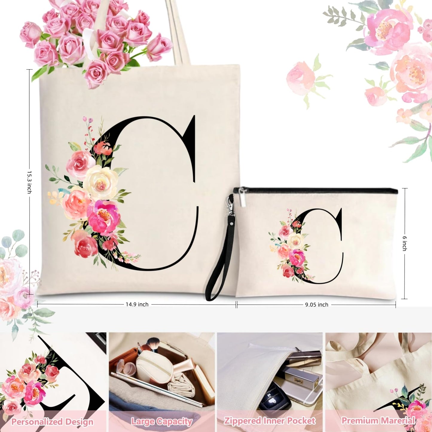 Initial Canvas Tote Bag for Women, Personalized Monogrammed Tote Bags with Makeup Gift Bag for Wedding Bridesmaids Birthday