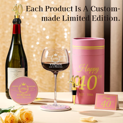 40th Birthday Gifts for Her - Limited Edition Wine Glass Gift Box Set - Unique 40th Bday Gifts Ideas for Women, Friends, Sister, Mom, Wife, Daughter - 40 Years Old Gift, Party Decorations Supplies