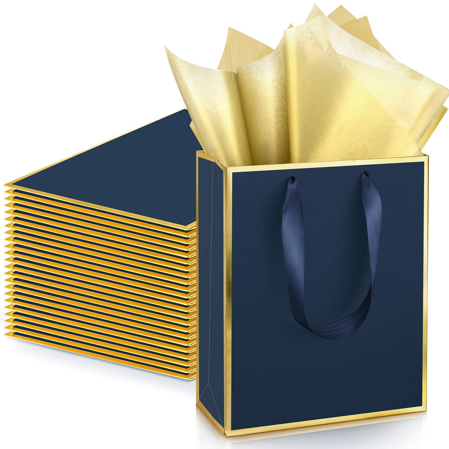 Yeaqee 24 Pack Metallic Paper Gift Bags with Handle and Tissue 9x7x3.1 Gold Foil Welcome Thank You Favor Bags Return Gifts for Wedding St. Patrick's 5 Senses Bridesmaid Birthday(Navy Blue, Gold)