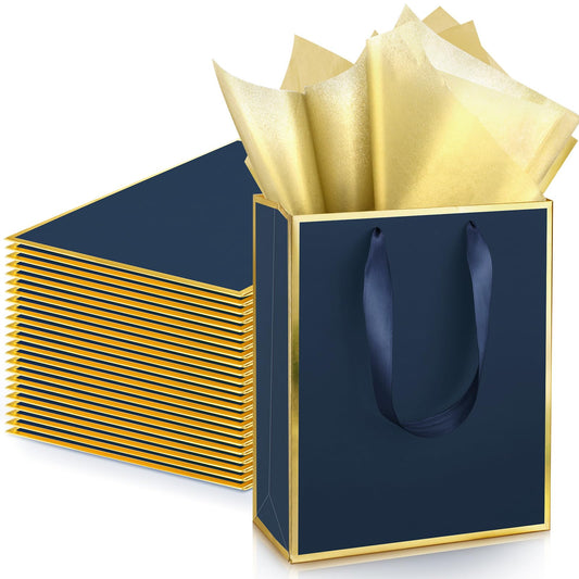 Yeaqee 24 Pack Metallic Paper Gift Bags with Handle and Tissue 9x7x3.1 Gold Foil Welcome Thank You Favor Bags Return Gifts for Wedding St. Patrick's 5 Senses Bridesmaid Birthday(Navy Blue, Gold)