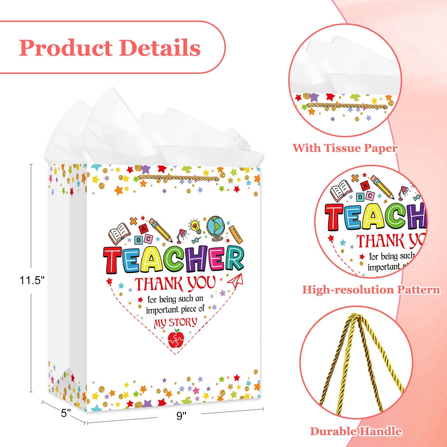 WaaHome Teacher Appreciation Gift Bag for Women - End of Year Graduation Teacher Gift Bags for Daycare Elementary Teachers from Students - 11.5'' Large Thank You Teachers Wrapping Paper Bag