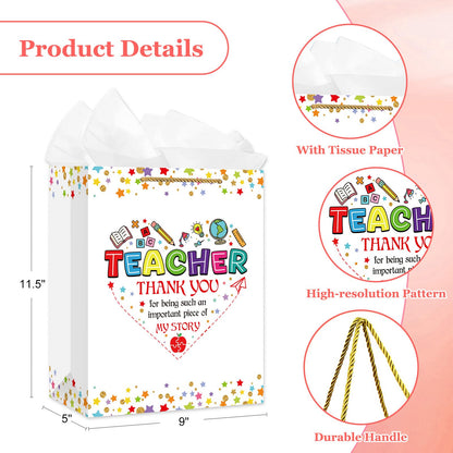 WaaHome Teacher Appreciation Gift Bag for Women - End of Year Graduation Teacher Gift Bags for Daycare Elementary Teachers from Students - 11.5'' Large Thank You Teachers Wrapping Paper Bag