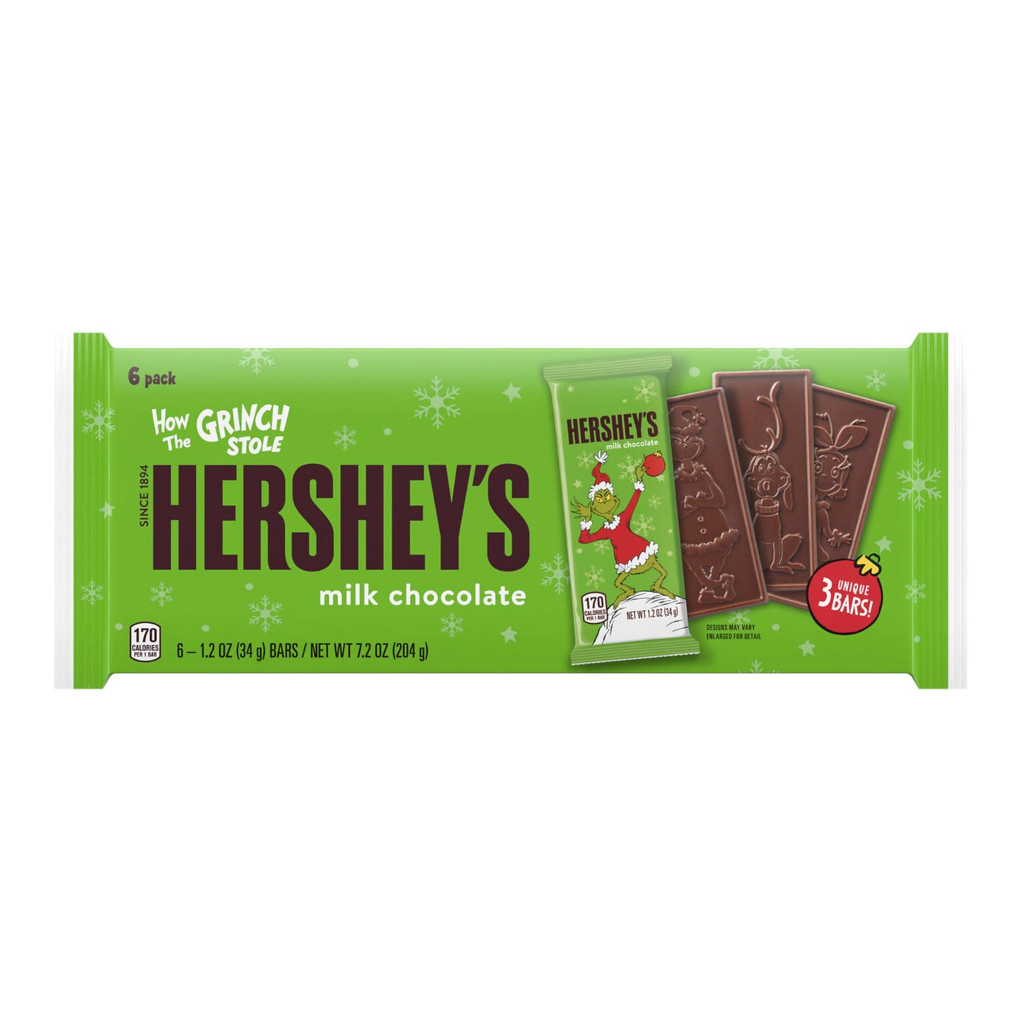 HERSHEY'S Grinch Milk Chocolate, Christmas Candy Bars, 1.2 oz (6 Count)