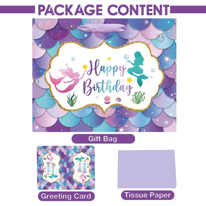 16.5" Large Mermaid Happy Birthday Gift Bag with Handle, Tissue Paper and Card for Kids Girls (16.5in Purple)