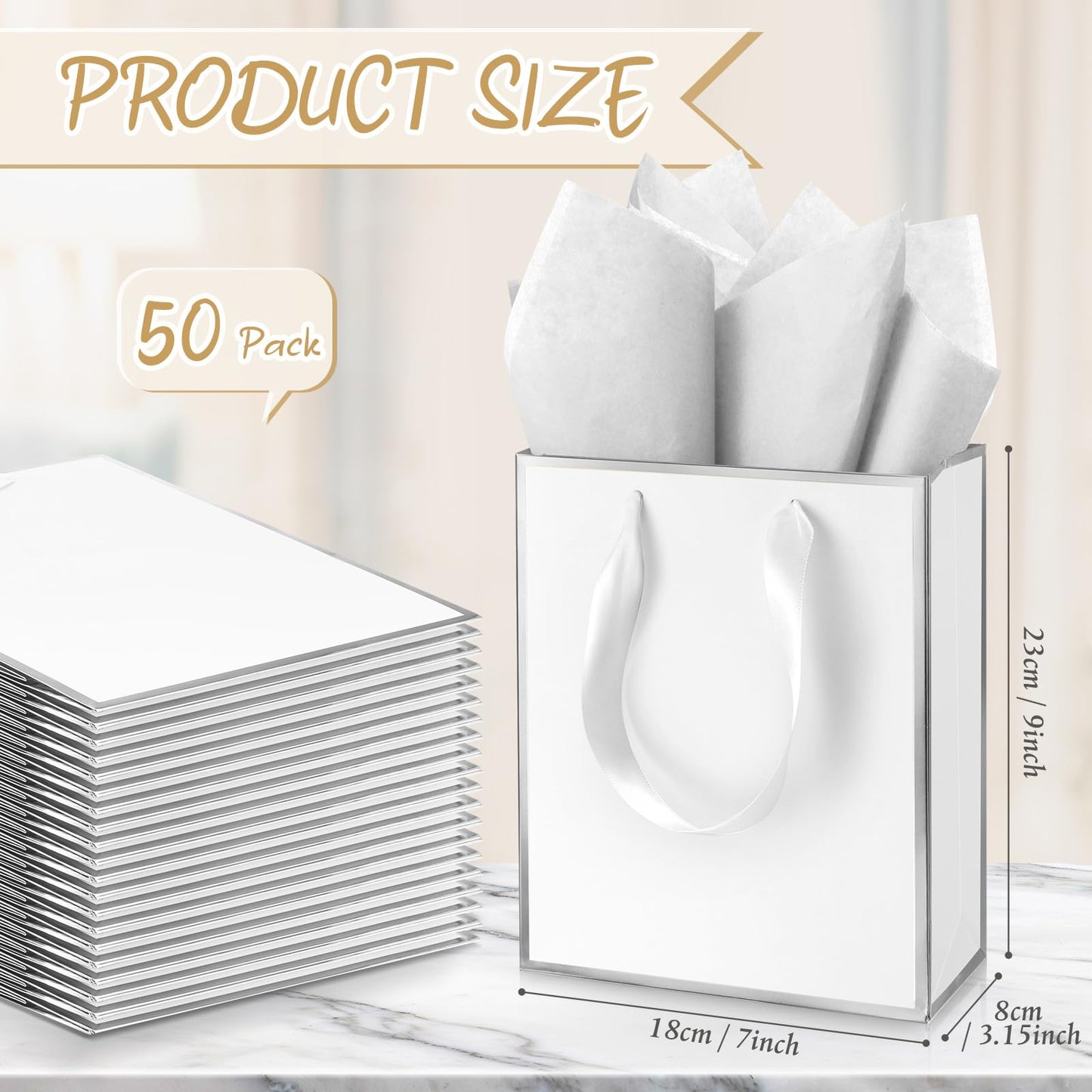 Yeaqee 50 Pack Metallic Gift Bags with Handle and Tissue Paper Gold Foil Thank You Bag for Graduation Wedding Groomsmen Bridal Baby Shower Gifts Holiday Party Favors 9x7x3.15'' (White Silver)