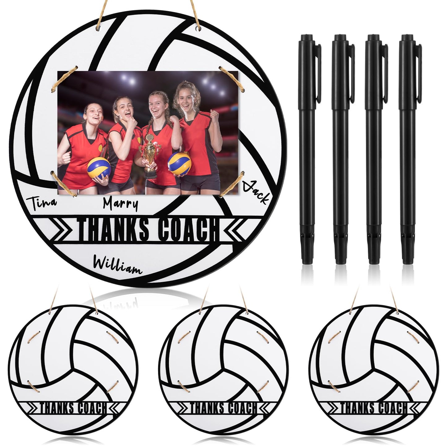 Cinnvoice 4 Set Volleyball Thanks Coach Picture Frames with Signature Pens Fits 4 x 6 Inches Photos Wooden Picture Frame Thanks Volleyball Coach Gift from Team Coaches Appreciation Home Plate Plaque
