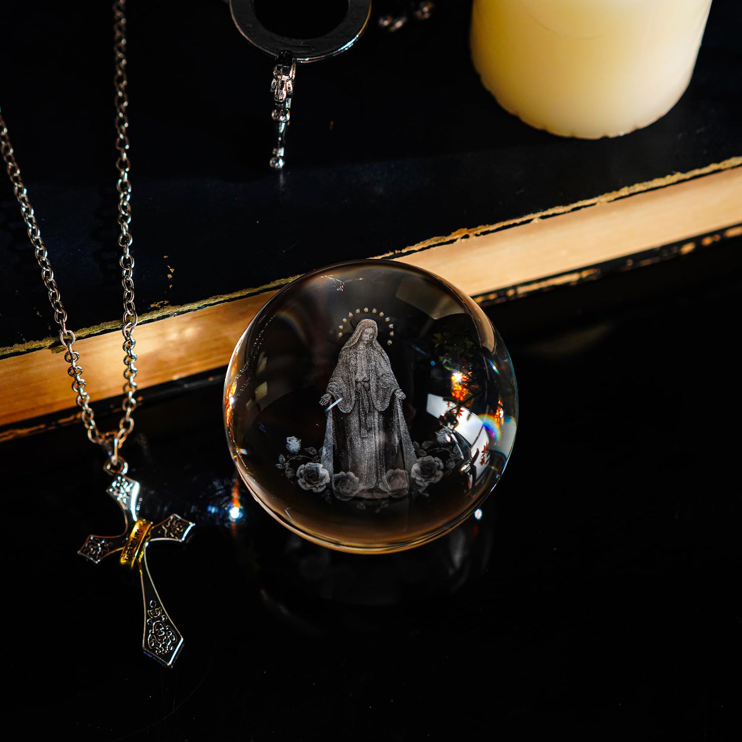 ZEERSHEE 60mm The Blessed Virgin Mary Crystal Ball 3D Laser Etched Our Lady of Guadalupe Glass Sphere Statue Mother Mary Christian Catholic Religious Easter Gifts