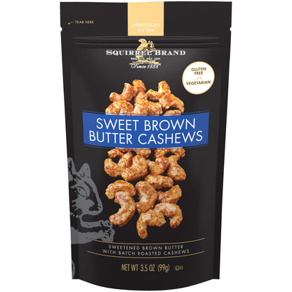 Squirrel Brand Sweet Brown Butter Cashews, 3.5 oz Resealable Bag, Gourmet Flavored Cashews Nuts, Gluten Free, Vegetarian