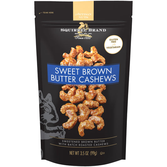Squirrel Brand Sweet Brown Butter Cashews, 3.5 oz Resealable Bag, Gourmet Flavored Cashews Nuts, Gluten Free, Vegetarian