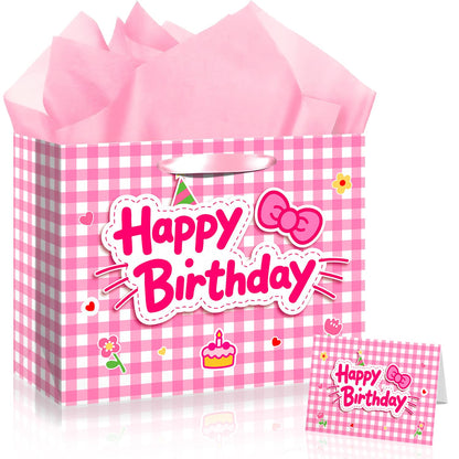 TQQBUU 12" Pink Birthday Gift Bags for Girls, with Cute Greeting Card and Tissue Paper for Party, Cat Party Favor Bag Cartoon Bag for Kids Baby Shower Party Favors Supplies, 11.8"×9.4"×5.3" - 1Pcs