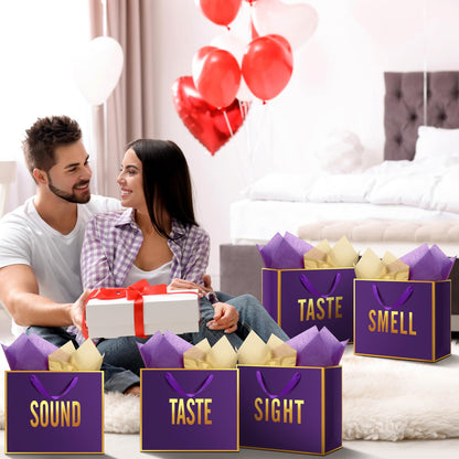 Kolldenn 5 Senses Gift Bags for Him Her Five Senses Gift Bag with Ribbon Handles and Tissue Paper Present Wrappings for Valentine Wedding Birthday Mothers Day(Dark Purple,11.8 x 10 x 4 Inch)