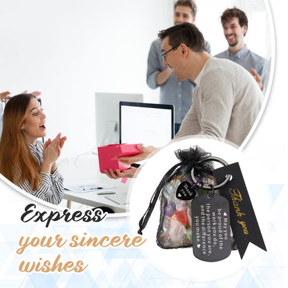 Yinkin 72 Pcs Employee Appreciation Gifts Bulk Thank You Coworker Keychain Gifts with Organza Bags and Thank You Cards(Black)