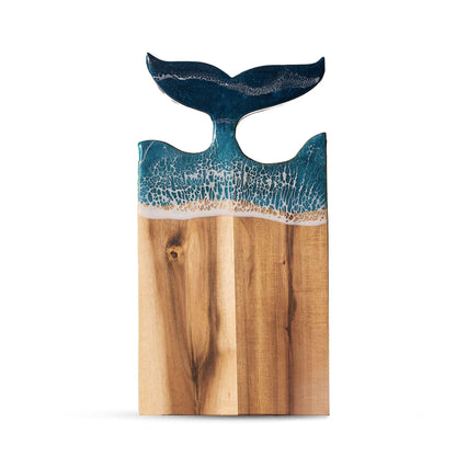 Whale Tail Serving Board, 15"x 7.9" Acacia Wood Ocean Resin Art Charcuterie Cheese Tray for Meal Prep, Fruit or Meat Display, Cutting Board on Back, Unique Gift for Women, Housewarming Gift