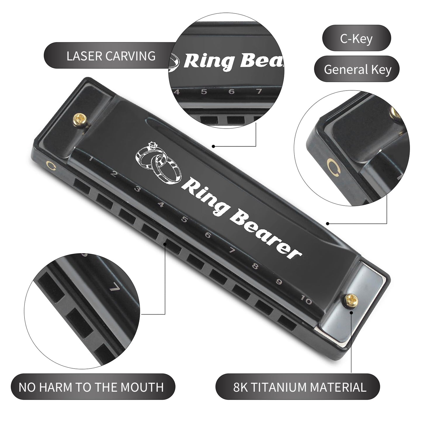 Ring Bearer Gifts Harmonica Ring Custom Engraved Black Harmonica C Key 10 Hole For Wedding Gifts Kids