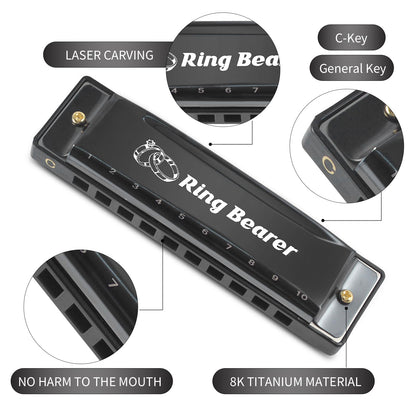Ring Bearer Gifts Harmonica Ring Custom Engraved Black Harmonica C Key 10 Hole For Wedding Gifts Kids