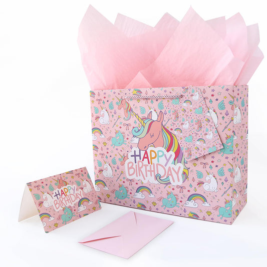 JAYTEM Birthday Gift Bag, 13" Pink Gift Bag Dreamy Unicorn World Theme with Greeting Card, Tag, Envelope & Tissue Paper for Kids, Girls