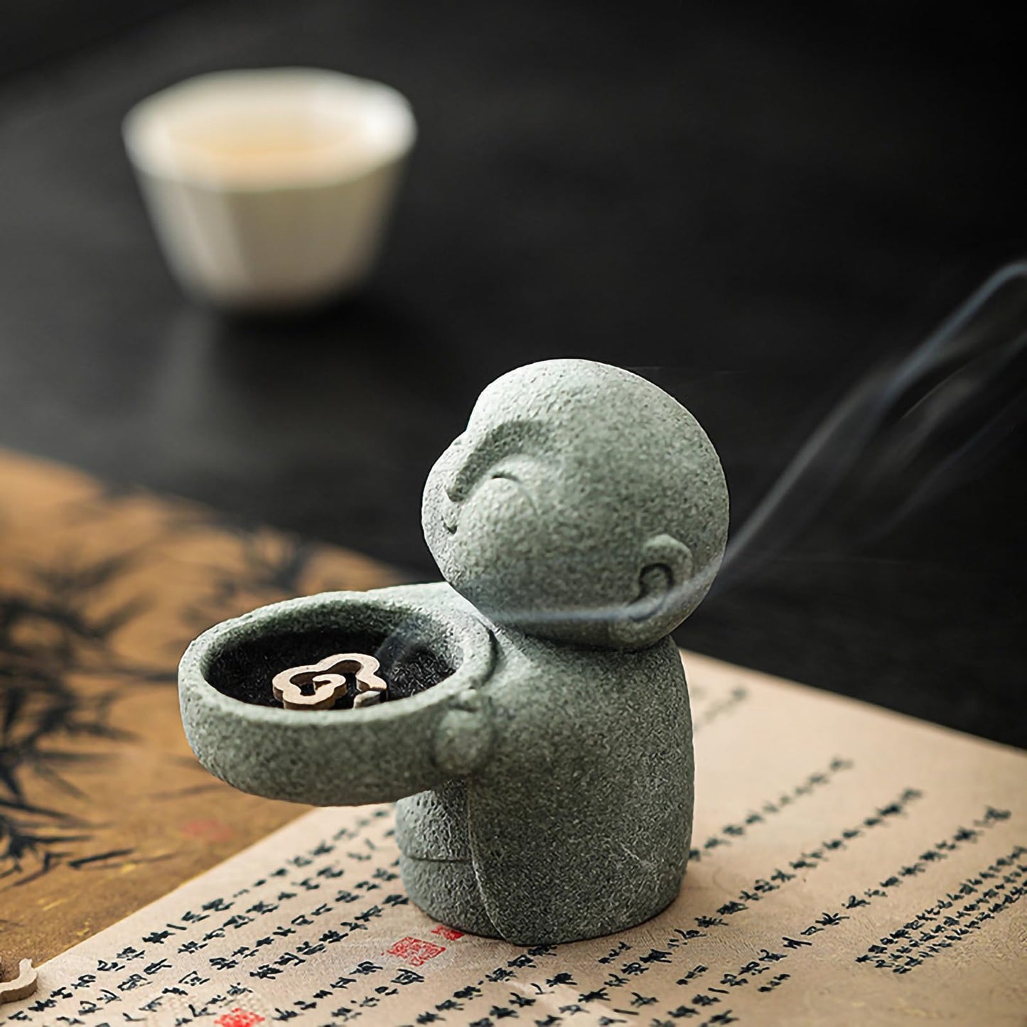 Sandstone Buddha Statue Candle & Incense Cone Holder, Small Jizo Figurine for Home Decor, Tiny Buddha Zen Monk Tealight Holder for Desk, Shelf or Nightstand, 3.5" H Mini Stone Decor Gift