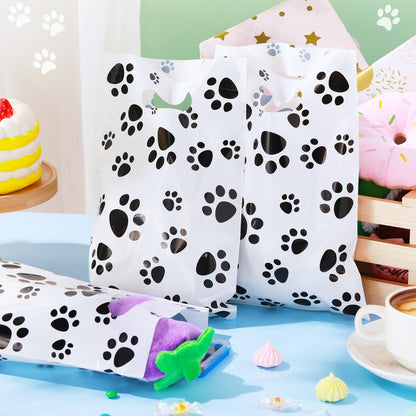 Pasimy 100 Pcs Dog Paw Gift Bags Bulk Pet Paw Puppy Plastic Treat Favor Candy Goodie Bags with Handle for Dog Birthday Party Decoration Supplies(White,Black)