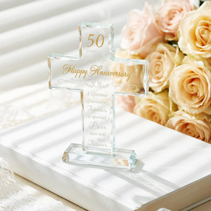 YWHL 50th Wedding Anniversary Religious Cross Gifts for Women Men, 50 Year Anniversary Romantic Gift for Him Her, Laser Engraved Glass Standing Cross Keepsake for Couple, 50 Years of Marriage Present
