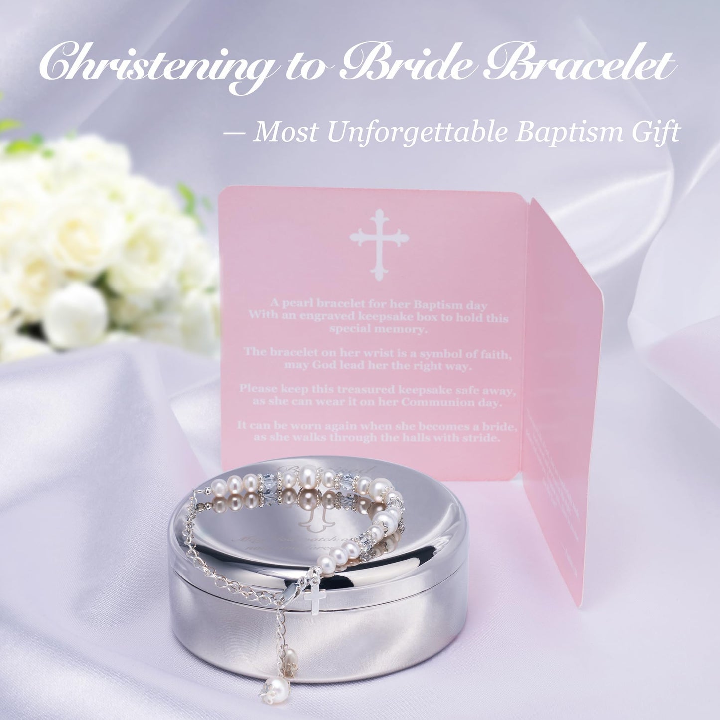 Tryuunion Baptism Bracelet in 925 Sterling Silver and Cultured Pearls for Baby Girls, with Silver-plated Jewelry Keepsake Box, Great Catholic Christening and Baptism Gifts for Girl