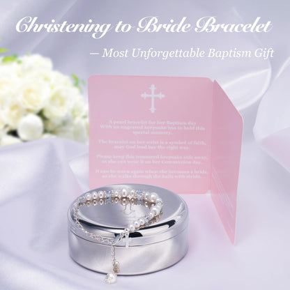 Tryuunion Baptism Bracelet in 925 Sterling Silver and Cultured Pearls for Baby Girls, with Silver-plated Jewelry Keepsake Box, Great Catholic Christening and Baptism Gifts for Girl
