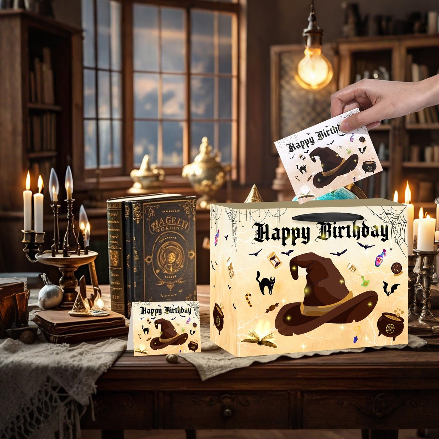 LUUFILx Wizard Birthday Gift Bag Wizard Hat Birthday Party Favors with Wrapping Paper Card Wizard School Gift Wrap Bag for Girls Boys Halloween Wizard Party Decorations Party Supplies (Yellow)