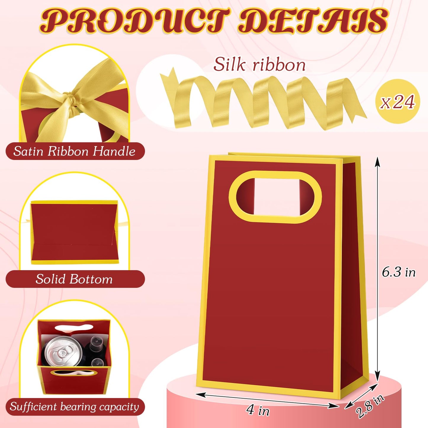 Kolldenn 24 Pcs Small Gift Bags with Bow 6.3 x 3.9 x 2.8 Inch Thank You Gift Bags Elegant Mini Paper Bag with Handles for Wedding Bridal Birthday Baby Shower Bridesmaid Party Favors(Burgundy Gold)