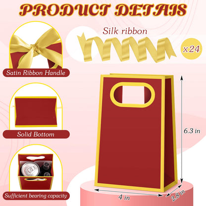 Kolldenn 24 Pcs Small Gift Bags with Bow 6.3 x 3.9 x 2.8 Inch Thank You Gift Bags Elegant Mini Paper Bag with Handles for Wedding Bridal Birthday Baby Shower Bridesmaid Party Favors(Burgundy Gold)