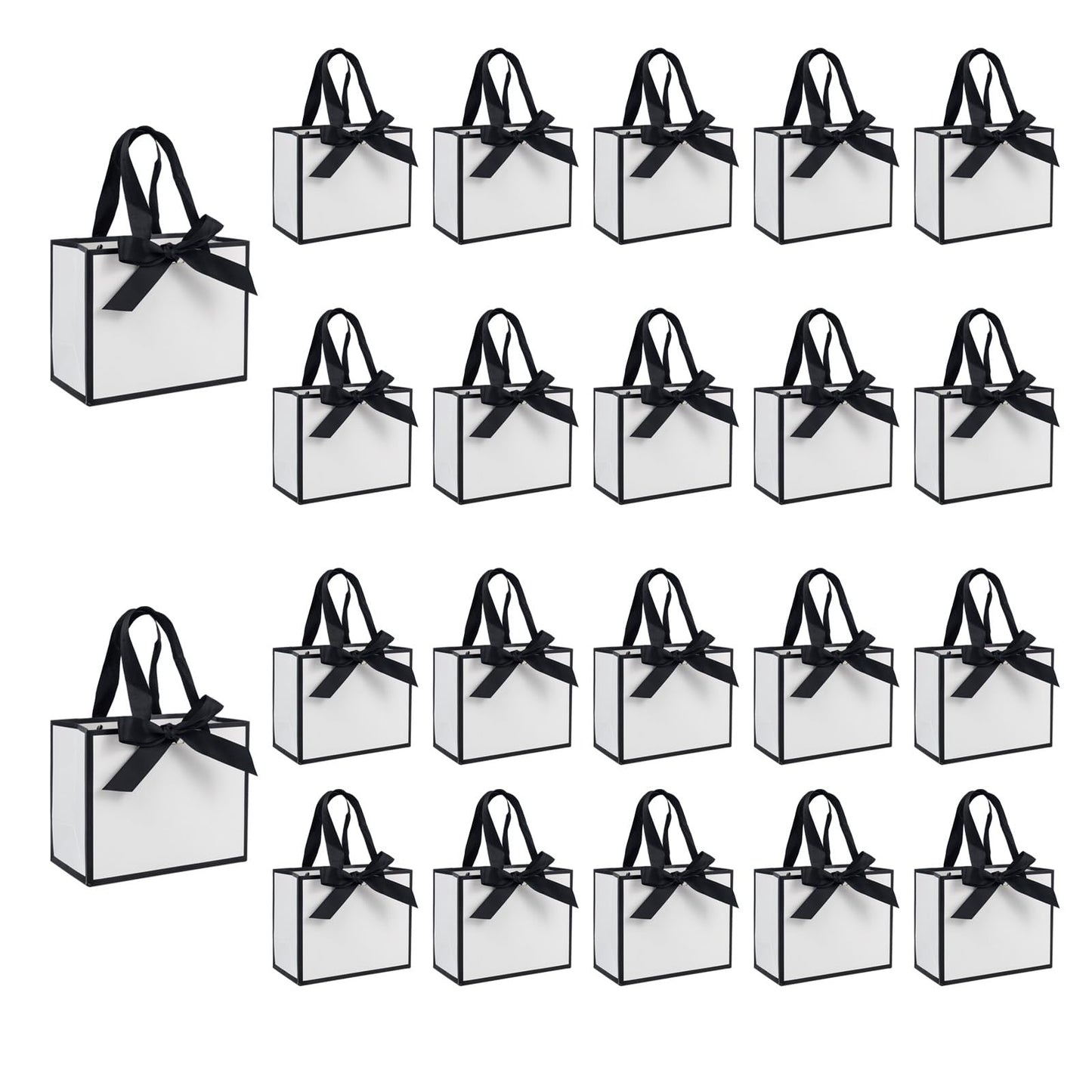 TKSBAG 50 PCS Small White Black Gift Bags with Handles, 6.4×3.1×5.1 Inch Thank You Bags with Bow Ribbon for Baby Shower, Bridal Shower, Wedding, Party Favors, Mother's Day